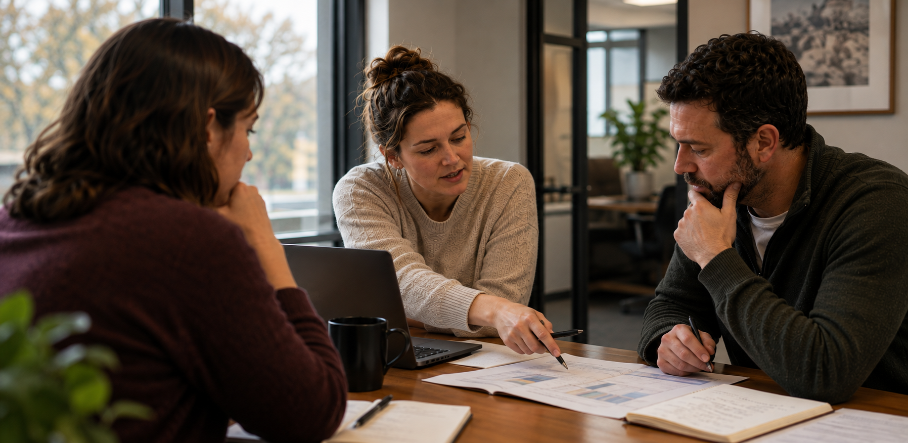 Three colleagues in conversation across a table in a daylit office